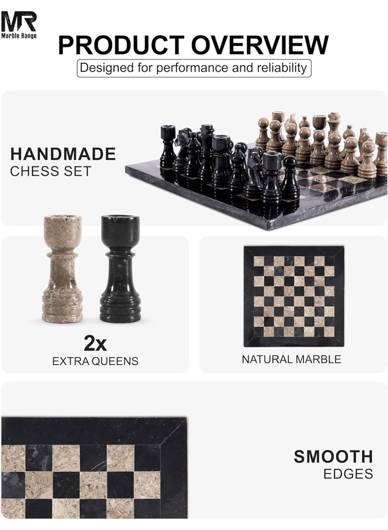 MARBLE RANGE Marble Chess Set for Adults 12" Handmade Black & Oceanic Board Game with 32 Chess Pieces, 2 Extra Queens & Storage Box, Luxury Travel Game, Elegant for Home Decor - Image 4